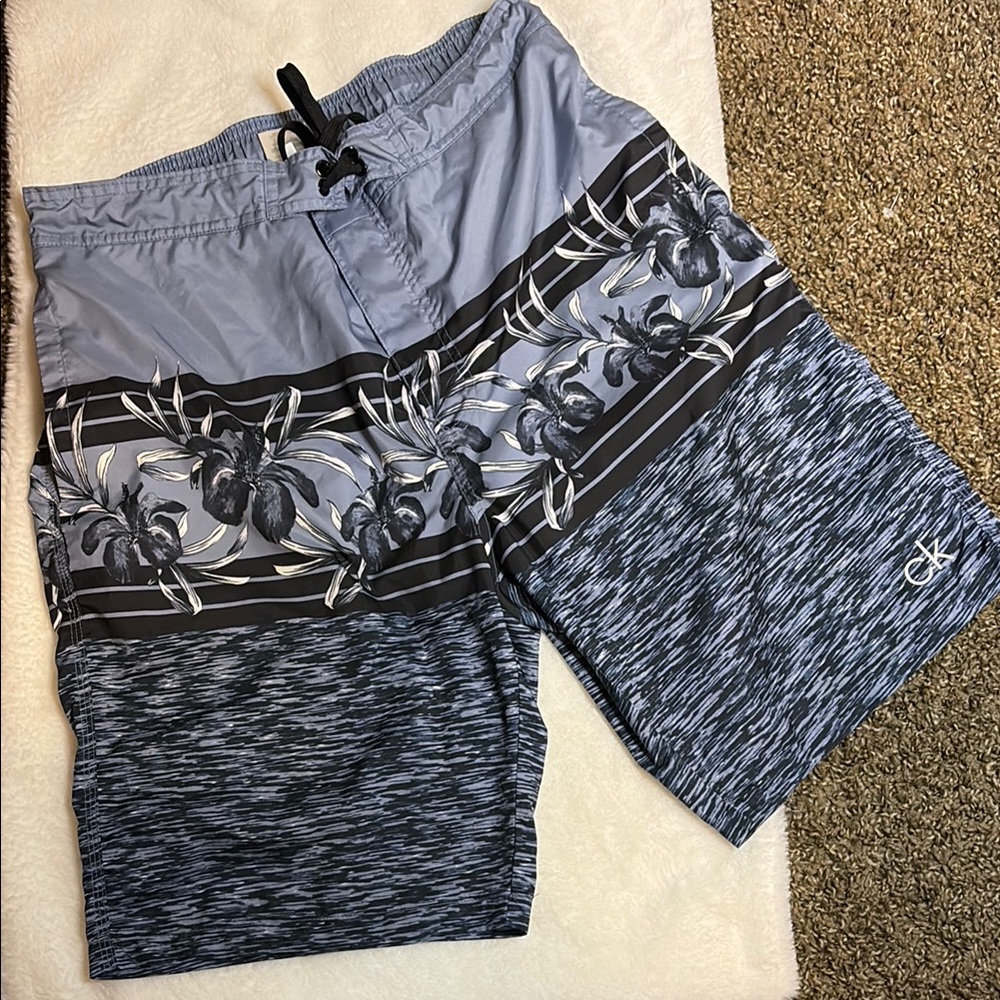 Calvin Klein Blue and Gray Board Shorts with Geometric Pattern